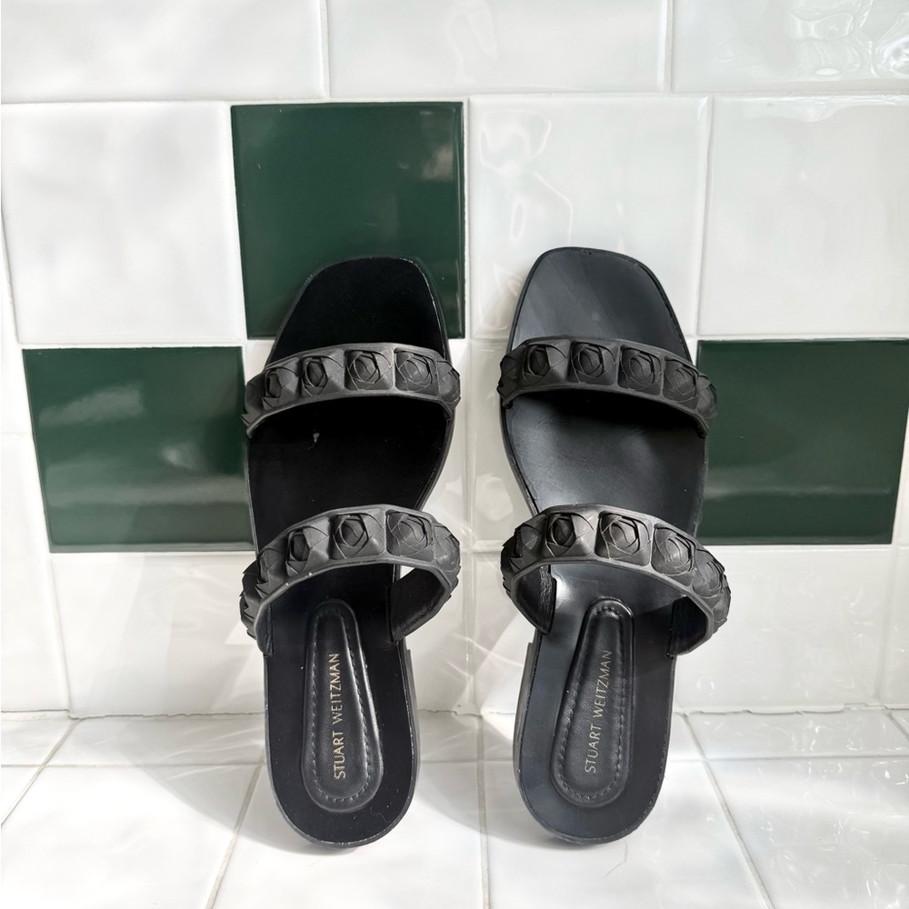 Stuart Weitzman Rosita Black Leather Double-Band Slide Sandals